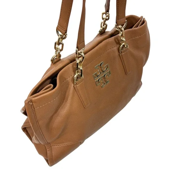 Tory Burch Amanda Classic Pebbled Leather Tote Bag Tan Brown Gold Logo - Picture 3 of 11